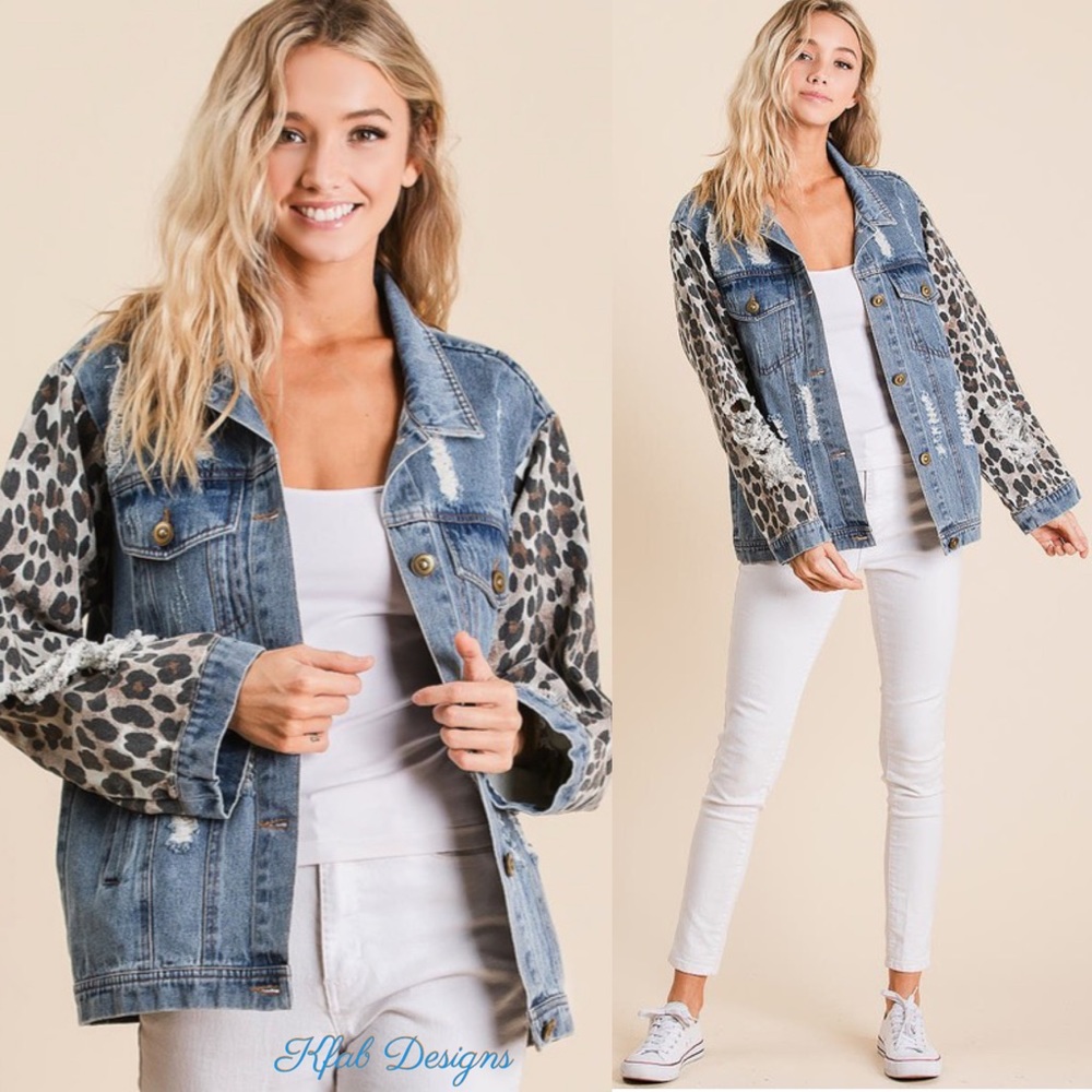 NWT Distressed Denim Leopard Accent Button Front Jacket Large